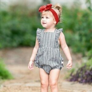 Ruffle Butts Navy Stripe Cross-Back Ruffle Romper Size 6-12 Months